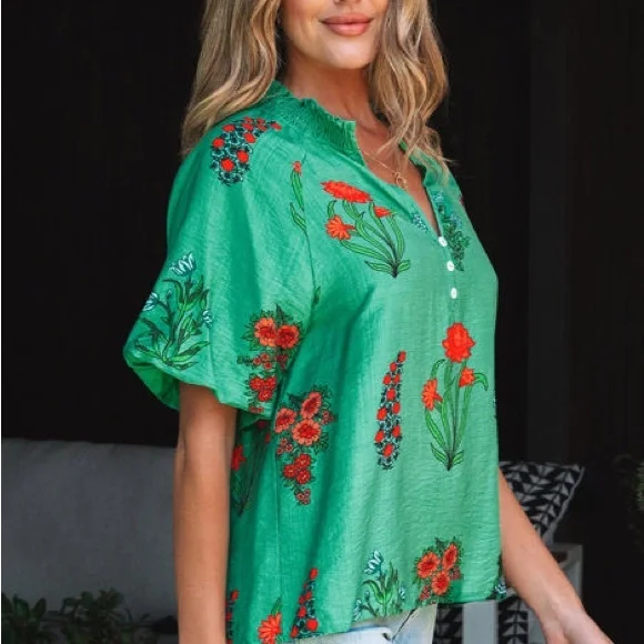 THML Green Floral Blouse with Red Accents - Picture 3 of 8